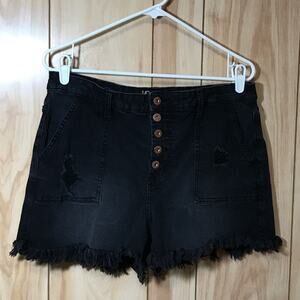 No Boundaries High Rise Faded Black Distressed Button Fly Denim Shorts 17